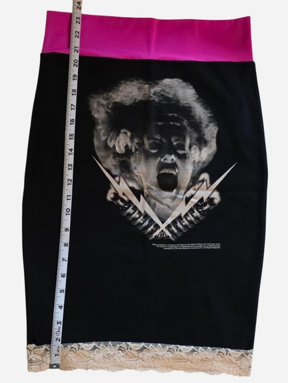 VINTAGE Bride of Frankenstein Midi Skirt w/Cream Lace Trim & Pink Waistband - Picture 5 of 9